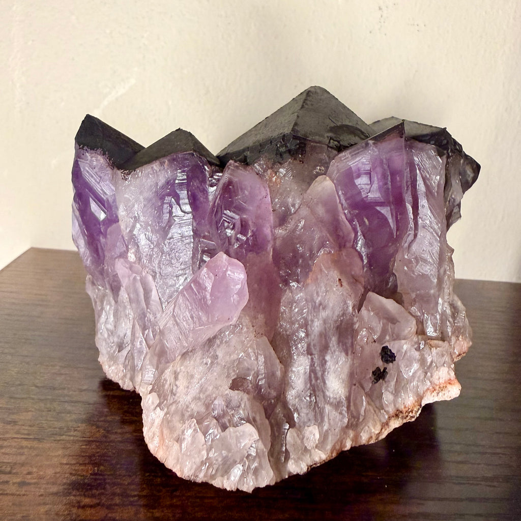 Amethyst cluster with hematite crown